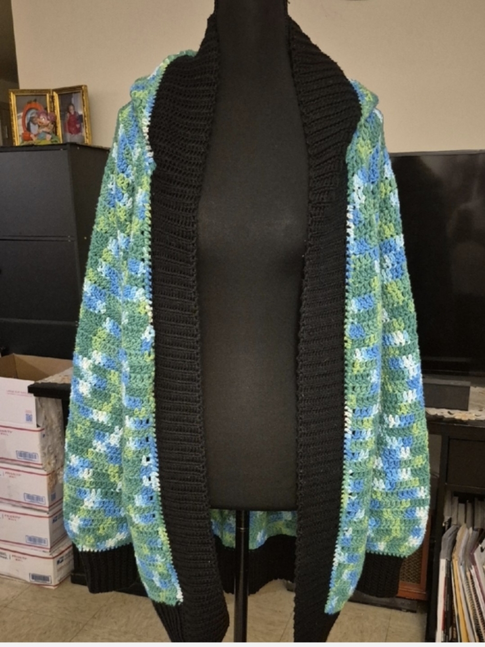 Black Trim Green & Blue Crochet Cardigan Hoodie